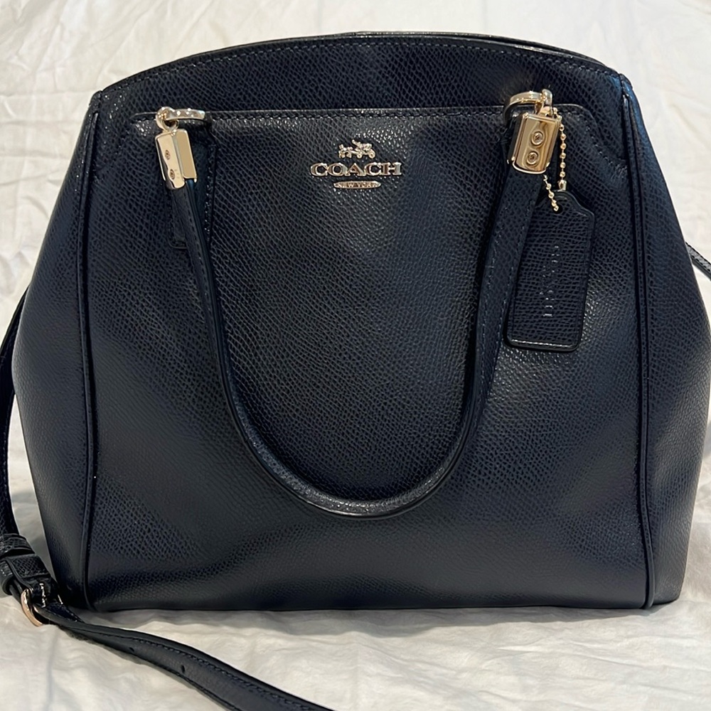 Coach leather tote bag in Deep Navy with detachable straps.